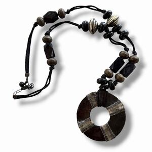Boho Statement Necklace Black Cord Bead Large Donut Pendant Artisan Tribal Style